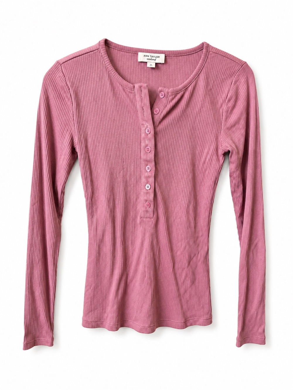 Ann Taylor Ribbed Henley Long Sleeve Top - Dusty Rose